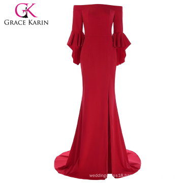 Grace Karin Floor Length Three Quarter Ruffle Sleeve High Split Cheap Red Evening Prom Party Dress 7 Size US 4~16 GK001073-1